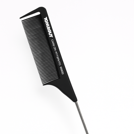 Black Toni & Guy carbon antistatic rat-tail comb (model 8620D) with fine teeth and metal tail for salon sectioning and heat styling.