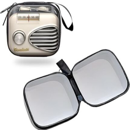 Compact travel makeup mirror with vintage radio-style case and dual clear mirror panels.