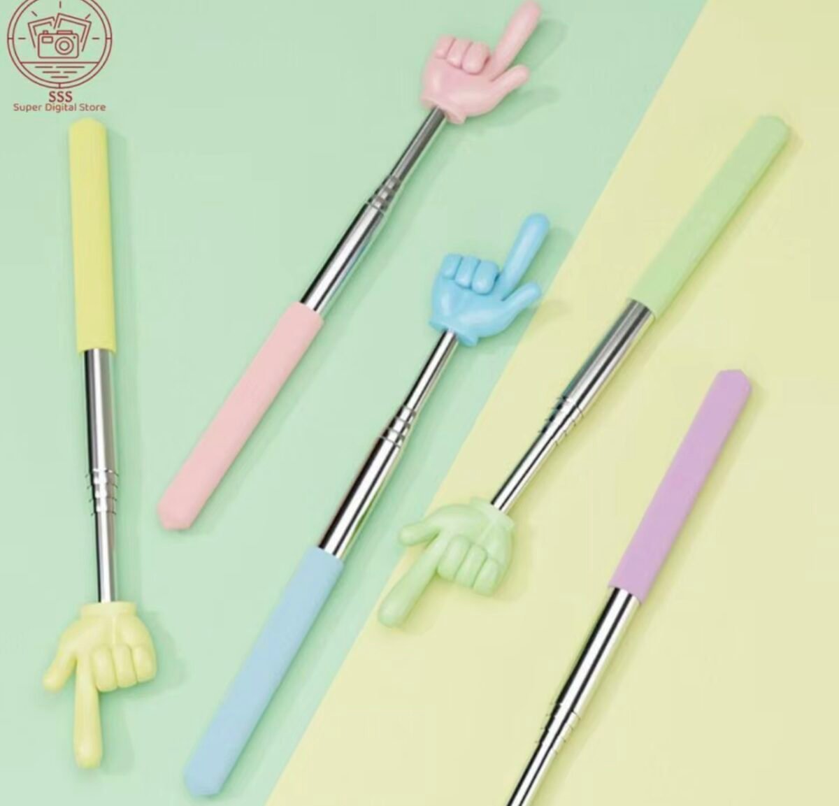 Man using a blue hand-shaped telescopic back scratcher stick for itching relief on his back