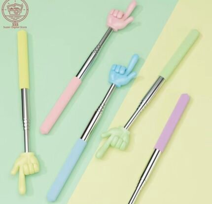 Man using a blue hand-shaped telescopic back scratcher stick for itching relief on his back