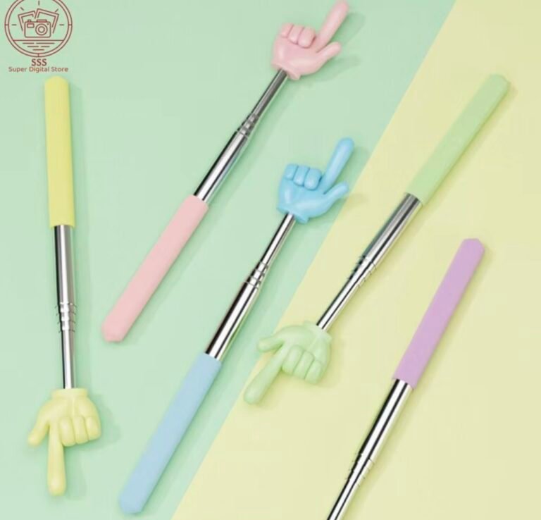 Man using a blue hand-shaped telescopic back scratcher stick for itching relief on his back