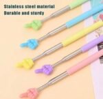 Man using a blue hand-shaped telescopic back scratcher stick for itching relief on his back