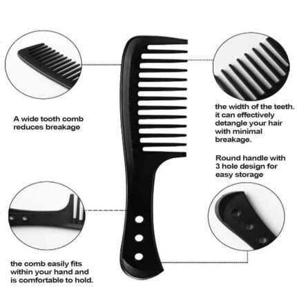 Black wide-tooth detangling comb with ergonomic 3-hole grip, ideal for curly and thick hair styling.
