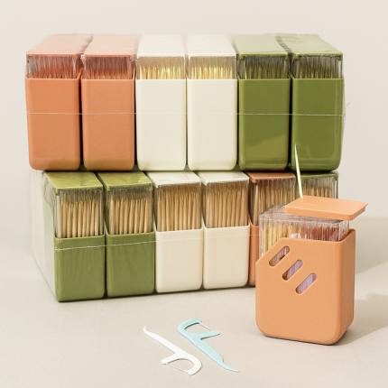 "Set of colorful toothpick and floss pick storage boxes with hygienic flip-top lids and refillable containers for kitchen or travel use"