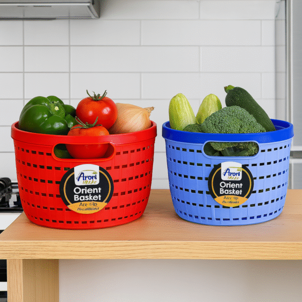 Single Aroni Orient round plastic basket available in multiple color options – kitchen and home organizer