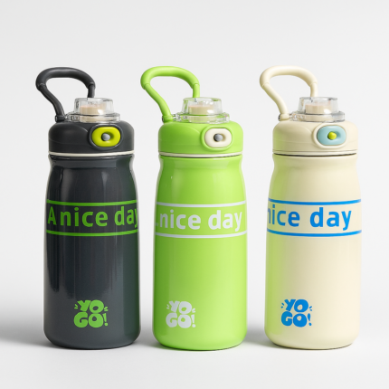 Three YO GO! flip-top water bottles with ‘A nice day’ design in black, green, and cream colors – leakproof BPA-free sports bottles with carry handles