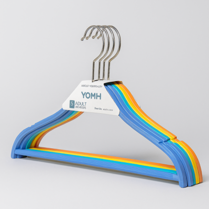 "5-piece rainbow-colored adult plastic hangers with metal hooks – non-slip and durable clothes hanger set"