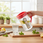 Primary Alt Text: Aroni Household 1.7L Water Jug Pitcher with colorful lids for kitchen service.