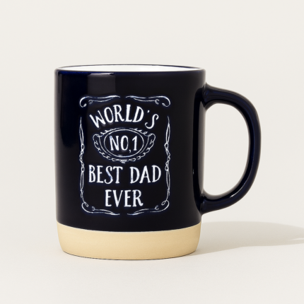 Ceramic mug with “World’s No.1 Best Dad Ever” printed in white on a black surface with beige bottom – gift mug for father