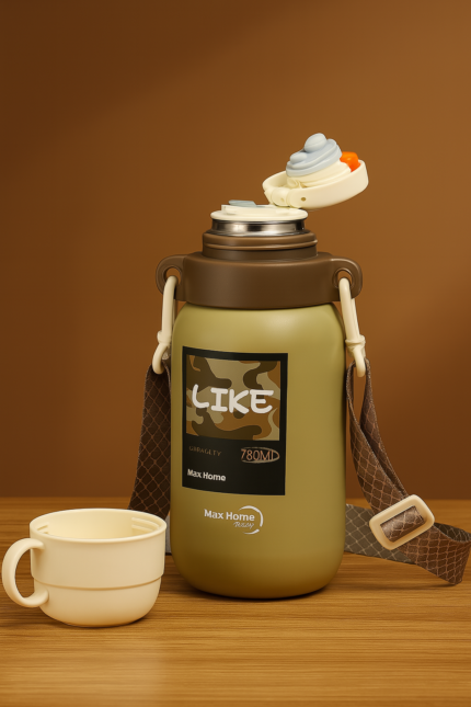 "780ml Max Home army green thermos flask with flip lid, shoulder strap, and cup – insulated water bottle"