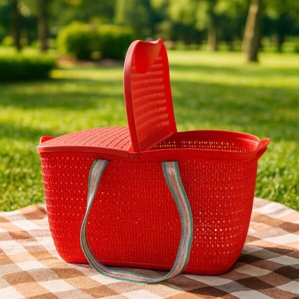 Red plastic picnic basket with dual flap lid and colorful fabric handles placed on picnic mat in a park