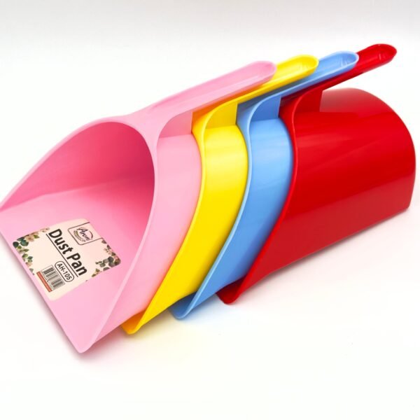 Stack of Aroni plastic dust pans in pink, yellow, blue, and red colors arranged on white background