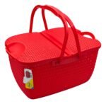 Family picnic using various colored Universal Carry Basket organizers in an outdoor setting.