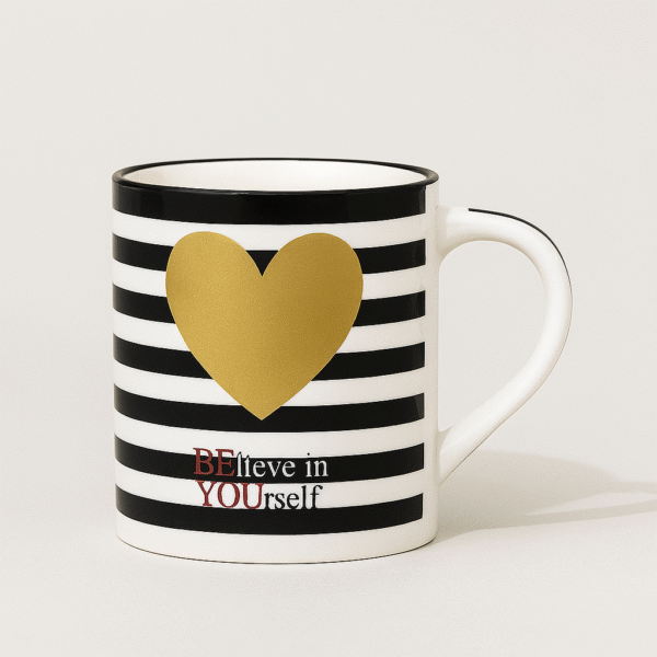 Motivational Ceramic Coffee Mug – Printed Mug with Golden Heart & Striped Design – Inspirational Gift Mug for Women, Girls, Office Desk Use – Microwave Safe