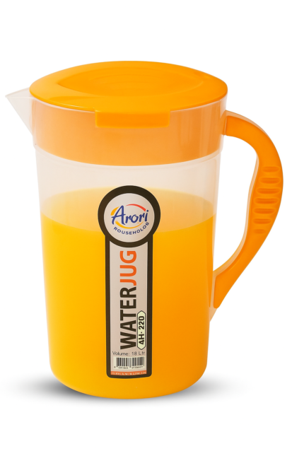 2-liter Aroni plastic juice jug with white lid and handle, filled with orange juice – BPA-free water pitcher for kitchen, fridge, or outdoor use