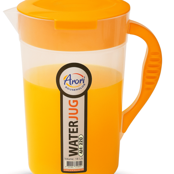 2-liter Aroni plastic juice jug with white lid and handle, filled with orange juice – BPA-free water pitcher for kitchen, fridge, or outdoor use