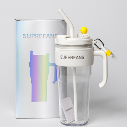 "SUPERFANS 1200ml large capacity tumbler with straw, lid, handle and gift box – transparent BPA-free water bottle"