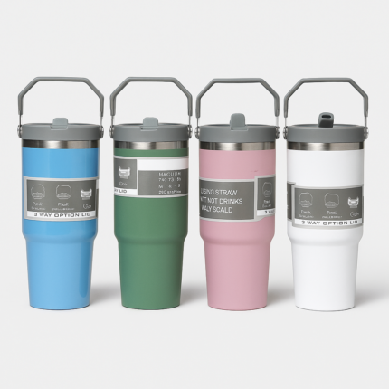 vacuum-insulated stainless steel travel mugs with 3-way lids, ergonomic handles, and assorted colors – blue, green, pink, and white – ideal for hot and cold beverages
