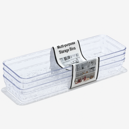 Clear textured plastic drawer tray 25x9x3cm with dimensions marked, shown as a shallow multi-purpose storage organizer for home or office use.