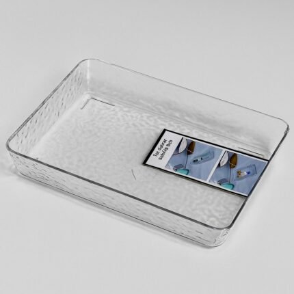 Clear textured plastic drawer organizer tray with dimensions 27x18x4cm labeled, ideal for organizing makeup, kitchen utensils, or office supplies