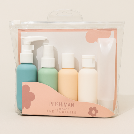 5-piece refillable travel spray bottle set with transparent zip pouch, pastel colored bottles for skincare and toiletries – TSA approved