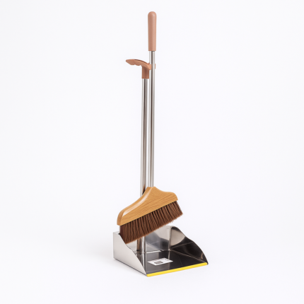 "Long handle dustpan and broom set with stainless steel pan and wooden finish ergonomic brush"