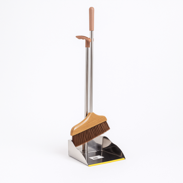 "Long handle dustpan and broom set with stainless steel pan and wooden finish ergonomic brush"