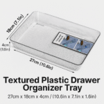 Clear textured plastic drawer organizer tray with dimensions 27x18x4cm labeled, ideal for organizing makeup, kitchen utensils, or office supplies