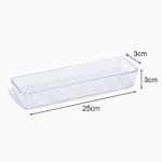 Clear textured plastic drawer tray 25x9x3cm with dimensions marked, shown as a shallow multi-purpose storage organizer for home or office use.