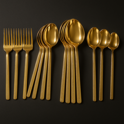 Luxury gold-plated cutlery set with Greek key design – includes dinner forks, large spoons, and small spoons – premium flatware for dining and kitchen decor on dark background.