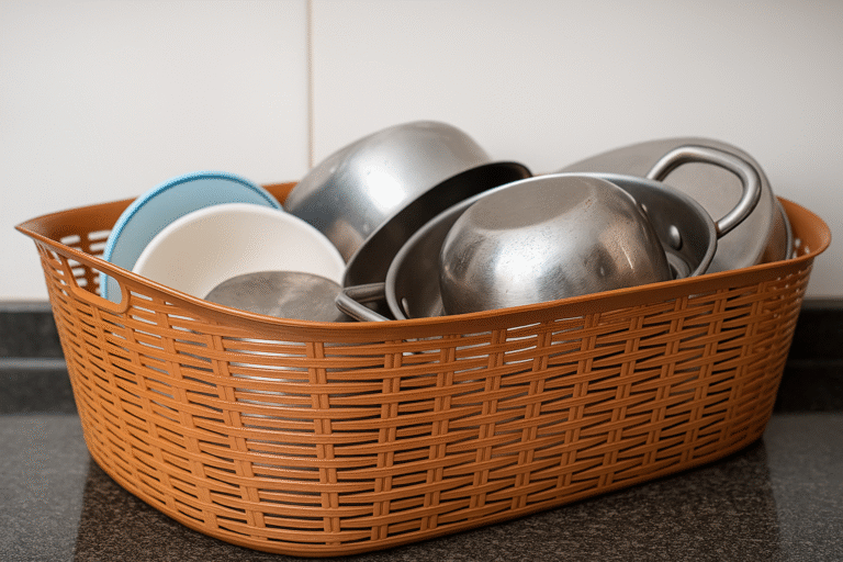 Large multipurpose plastic basket filled with kitchen utensils placed on countertop