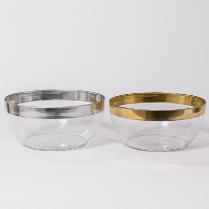 "Set of 2 transparent plastic serving bowls with metallic gold and silver rims – perfect for salads, desserts, or snacks"