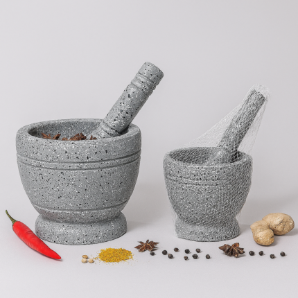 "Granite mortar and pestle set in 5.5 and 4.5 inch sizes for grinding herbs and spices"
