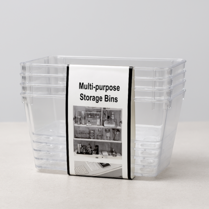 Clear plastic storage bin measuring 15x7.5x5cm shown with size indicators – part of a 4-pack multi-purpose organizer for drawers, kitchen, and office use