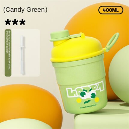 "400ml candy green kids water bottle with yellow lid, straw, and cartoon emoji design – BPA-free plastic"