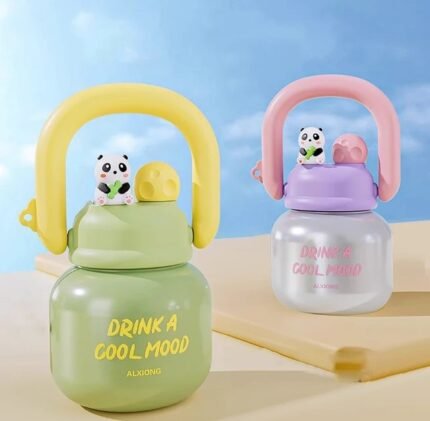 "Colorful kids water bottle with panda figurine and cartoon handle – BPA-free leakproof straw bottle"