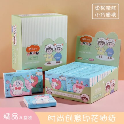 "24-pack cotton soft pocket tissue set with cartoon animal print – 3-ply skin-friendly tissues in a display box"