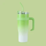 "Green and white gradient 1.1L travel tumbler with handle and straw – reusable mug for hot and cold drinks"