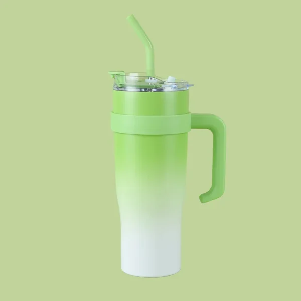 "Green and white gradient 1.1L travel tumbler with handle and straw – reusable mug for hot and cold drinks"