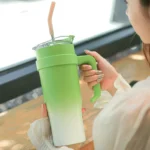 "Green and white gradient 1.1L travel tumbler with handle and straw – reusable mug for hot and cold drinks"