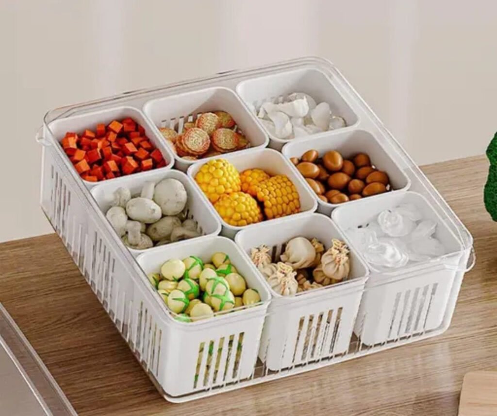 "Multi-grid food storage basket with 9 compartments and transparent lid – ideal for organizing vegetables, snacks, and freezer items"