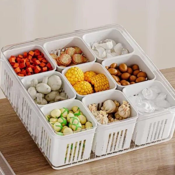"Multi-grid food storage basket with 9 compartments and transparent lid – ideal for organizing vegetables, snacks, and freezer items"