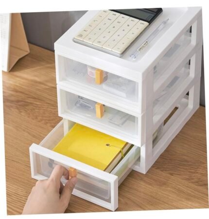 Minimalist plastic storage organizer with 3 clear drawers and stackable design