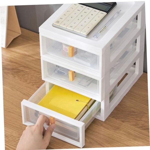 Minimalist plastic storage organizer with 3 clear drawers and stackable design