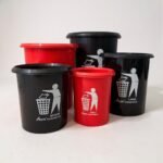 Aroni Household Round Plastic Dustbin set in black and red colors showing different sizes for home and office.