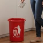 Aroni Household Round Plastic Dustbin set in black and red colors showing different sizes for home and office.