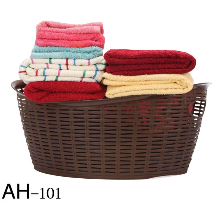 Brown plastic laundry basket filled with colorful folded towels – Model AH-101