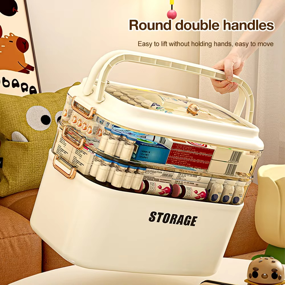 4-layer plastic storage box with dual handles and transparent compartments used for organizing medicines