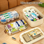 Stacked medicine organizer with flip cover, 4 transparent layers, and round handles for easy carrying