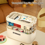 Open multi-compartment storage box showing 4 layers filled with medicines and first aid supplies